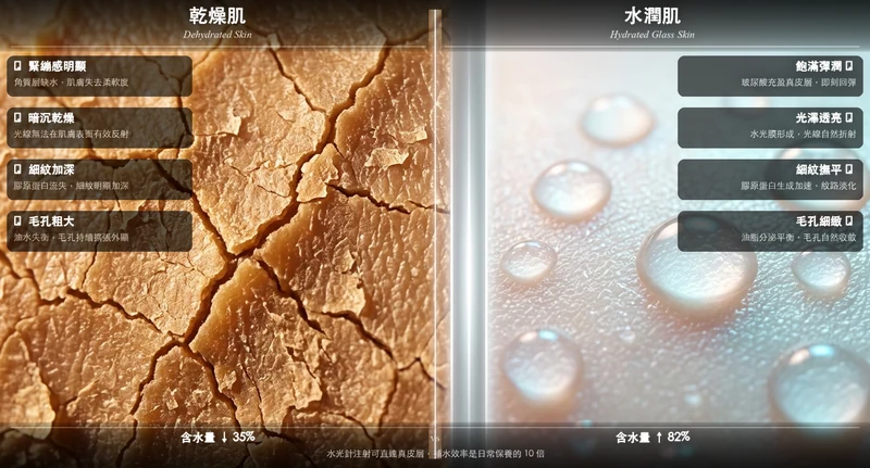 乾燥肌 vs 水潤肌對比：水光針玻尿酸補水效果」
     width=