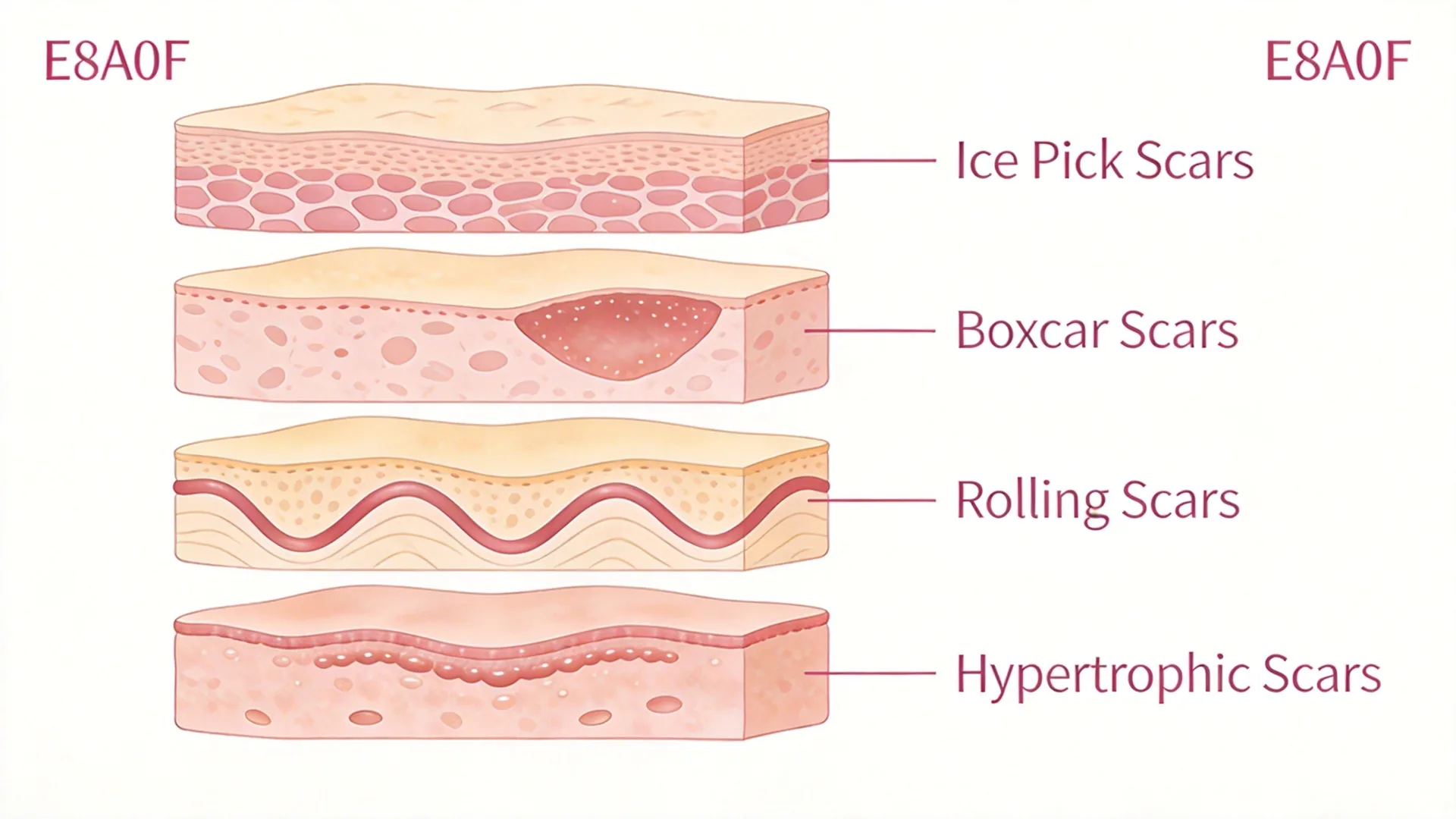 痘疤類型比較 凹疤與色素疤痕分類示意圖